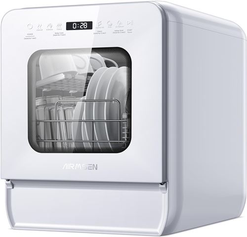 Lave-vaisselle AIRMSEN mini, 4 couverts, 7+2 programmes, 37×50 cm, réservoir 5 L, blanc