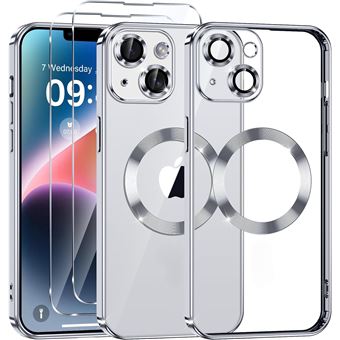 Coque Silicone Pour iPhone 14 Couleur Argent Compatible Magsafe + 2 Verres Trempe Protection Ecran Little Boutik® - 1