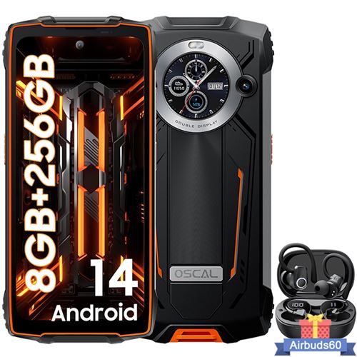 OSCAL PILOT 2 Smartphone Incassable 6.5 Double Écran (8+16)Go+256Go 50MP+32MP 8800mAh Orange avec Écouteurs Bluetooth Airbuds 60
