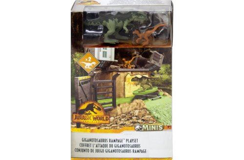 Coffret attaque du giganotosaurus : 2 dinosaures combat + accessoires - jurassic world - set animaux préhistorique et 1 carte offerte