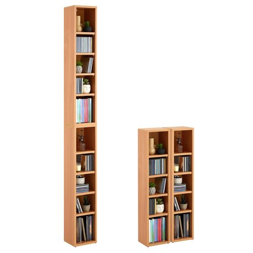 Etagères modulables MUSIQUE pour CD et DVD, lot de 2 meubles de rangement en colonne avec 10 compartiments en mélaminé couleur hêtre