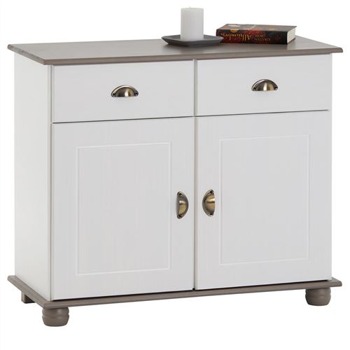 Buffet COLMAR en pin massif, 2 tiroirs et 2 portes, lasuré blanc et taupe