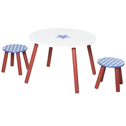 HOMCOM Ensemble table et chaises enfant - table ronde + 2 tabourets - motif étoilé - bois pin MDF bleu blanc