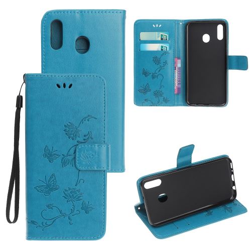 Etui en PU papillon fleur flip avec support bleu clair pour votre Samsung Galaxy M40