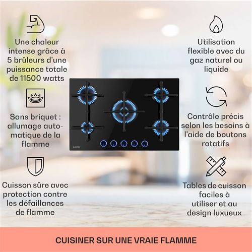 Klarstein Illuminosa 5 - Table De Cuisson À Gaz, 5 Brûleurs Sabaf, Pour Gaz Naturel Ou Propane - Noir