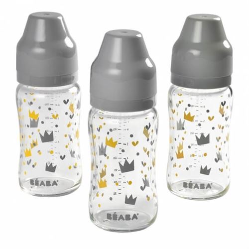 Lot de 3 biberons verre 240 ml couronnes jaune et gris - beaba