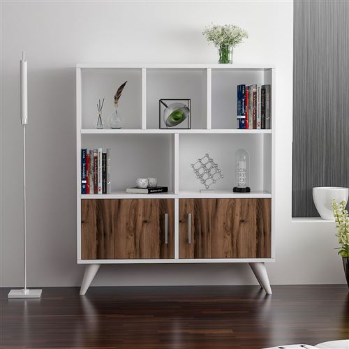 HOMEMANIA Ducky Boekhandel- Plank, wandkast - met deuren, planken - voor woonkamer, kantoor -Wit, walnoot in hout, 90 x 22 x 105 cm