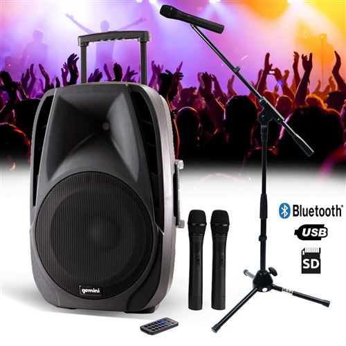 Enceinte Active Autonome Gemini Es15-Togo 15" Sono Dj Pa - 800W - Usb/Sd/Bt + 2 Micros Sans Fil + Tel + Pied