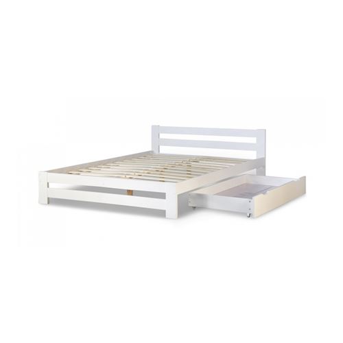 Lit Double en Bois Blanc 140x200 avec tiroir de lit et sommier a lattes