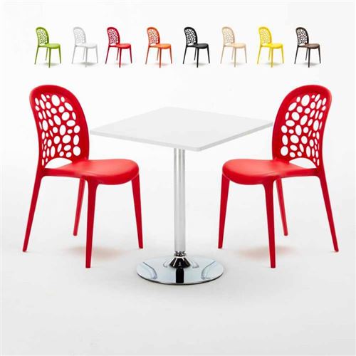 Table Carrée Blanche 70x70cm Avec 2 Chaises Colorées Set Intérieur Bar Café Weddin Cocktail, Couleur: Rouge