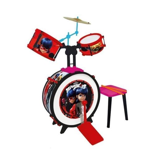 MIRACULOUS/LADYBUG Batterie et tabouret (Grosse caisse, deux tambours, bongo, cymbale, baguettes professionnelles)