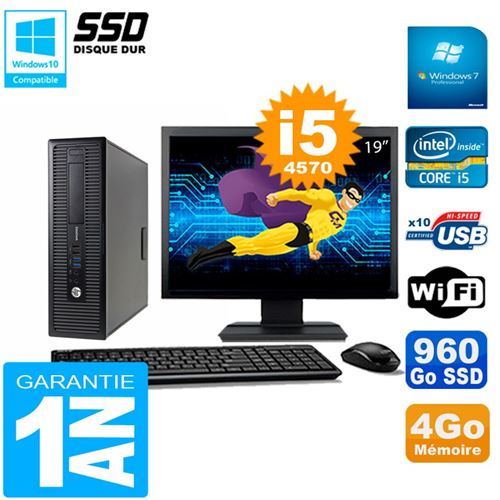 Pc hp elitedesk 800 g1 sff ecran 19' core i5-4570 4go disque 960 go ssd wifi w7