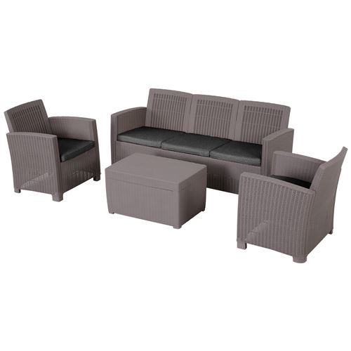 Ensemble salon de jardin 5 places grand confort table basse rangement intégré plastique PP imitation rotin coussins gris