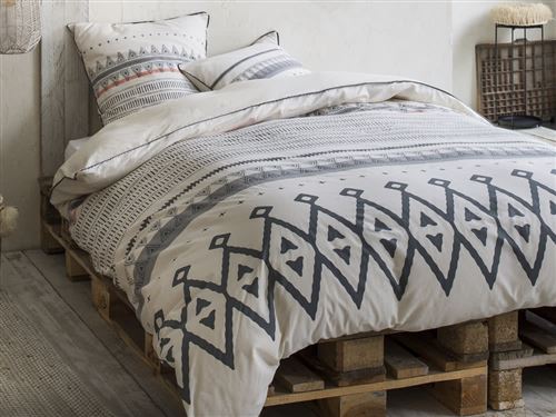 Parure 100% coton 2 taies 240x220cm +housse de couette motif ethnico graphique passepoil plat COACHELLA