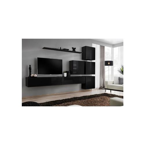 Ensemble meuble salon mural SWITCH IX design, coloris noir brillant.