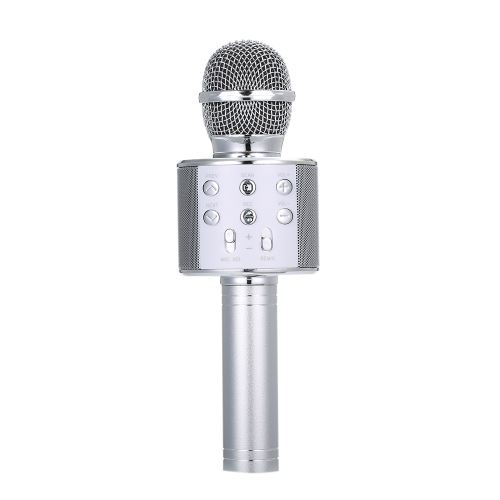 Kalaok BT Microphone sans fil Haut-parleur de poche Karaoké Mic Lecteur audio portable Enregistreur vocal Microphones KTV (Argent)
