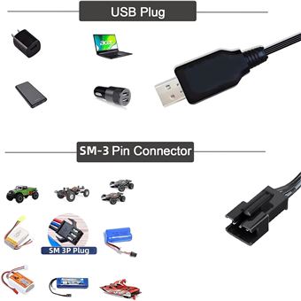 Câble Chargeur USB Pour Batterie LiPo 2S 7.4V RC - Connecteur SM-4P - Pour Voiture, Drone, Bateau Télécommandé - 1000mA