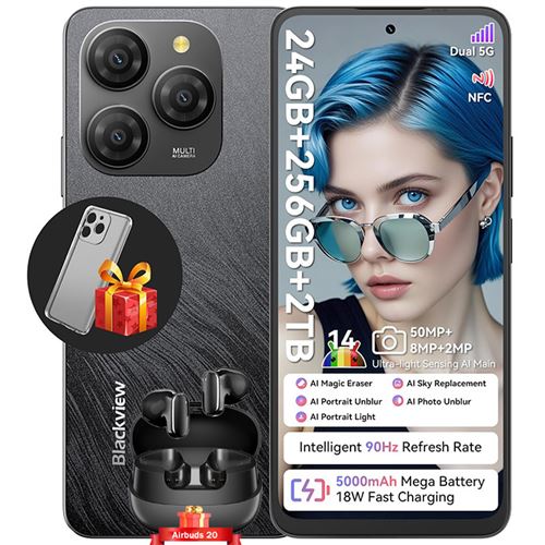 Blackview Shark 9 Smartphone Débloqué 5G Téléphone Portable Android 6.67 24Go+256Go 5000mAh 50MP NFC Noir avec Blackview Airbuds 20