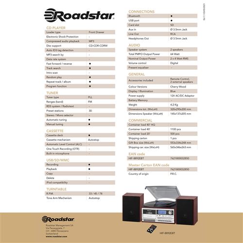 Platine Vinyle 6 En 1 ROCKOLLA Avec Haut-Parleurs - Bluetooth, Radio FM, Cassette, CD, USB, SD | Enregistreur, Design Rétro