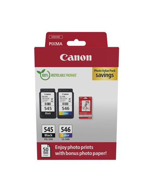 Canon PG-545 / CL-546 Value Pack - Pack de 2 - 8 ml - noir, couleur (cyan, magenta, jaune) - original - boîte de suspension - jeu de papier / cartouche d'encre - pour PIXMA iP2850, MG2450, MG2550, TR4550, TR4551