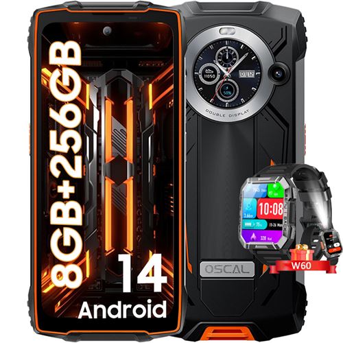 OSCAL PILOT 2 Smartphone Incassable 6.5 Double Écran (8+16)Go+256Go 50MP+32MP 8800mAh Orange avec Montre Connectée W60