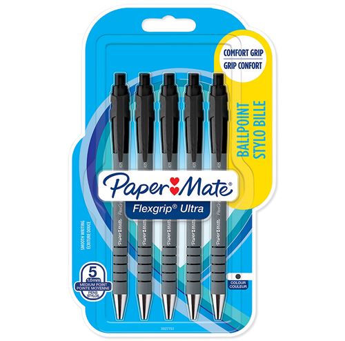 Paper Mate Flexgrip Ultra - 5 Stylos bille rétractables - Noir - Pointe 1.0mm - sous blister