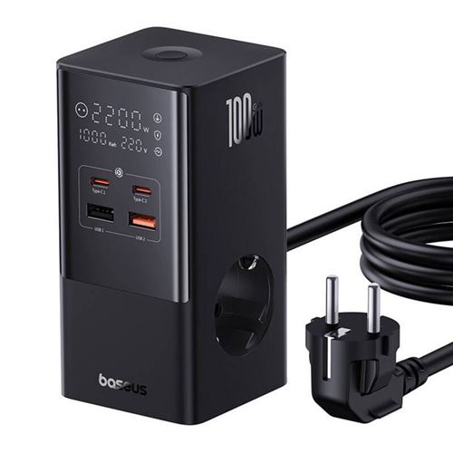 Station de recharge Char 2xUSB, 2xType-C, Shuko, charge rapide 100W, 1,5m - Baseus (E00023609113-00) - Noir