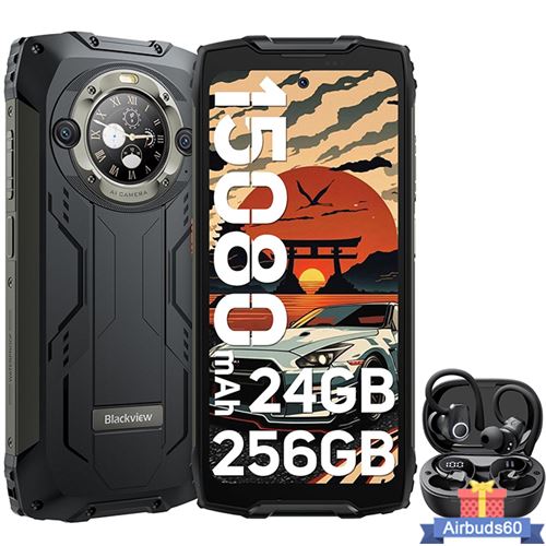 Blackview BV9300 Pro Téléphone Portable Incassable 6.7 24Go+256Go 15080mAh Noir avec Écouteurs Bluetooth Airbuds 60(Noir)