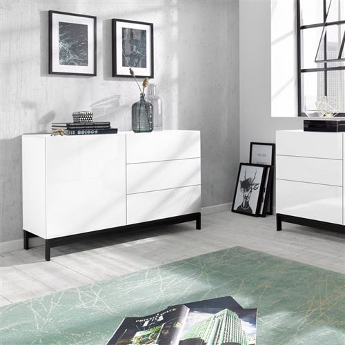 Buffet Salon 110cm Porte 3 Tiroirs Blanc Brillant Metis Up Three