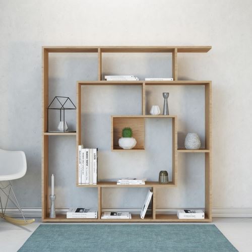 HOMEMANIA Bibliothèque Carrie Meuble Murale, Étagère de Rangement - avec Compartiments - pour Séjour, Bureau, Entrée - en Bois Naturel, 125 x 22 x 129 cm