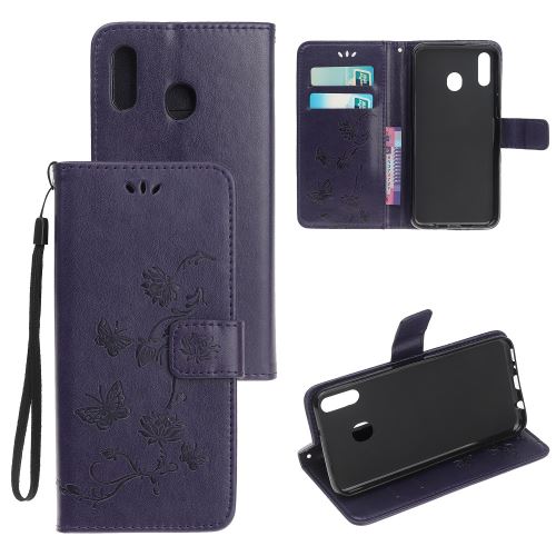 Etui en PU papillon fleur flip avec support violet foncé pour votre Samsung Galaxy M40