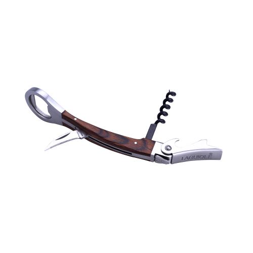 Sommelier à Levier Simple - Manche en Bois de Pakka brun - Acier Inoxydable - Couteau possédant des fonctions de tire-bouchon, découpe capsule & décapsuleur - Confort d'utilisation - Coffret Cadeau
