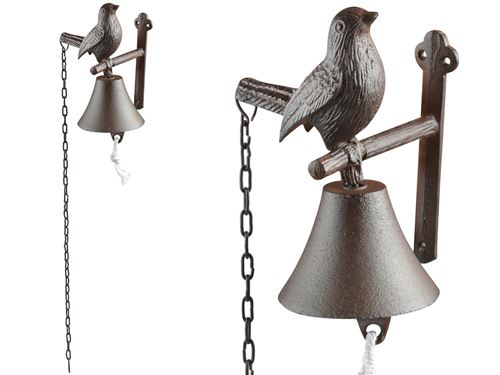 Esschert Design Türglocke Vogel aus Gusseisen, 12 x 14,2 x 18,5 cm, mit Vogelfigur, mit Montagelochung, weiße Zugschnur