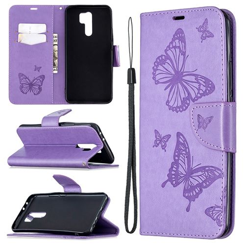 Etui en PU impression papillons flip avec support violet pour votre Xiaomi Redmi 9
