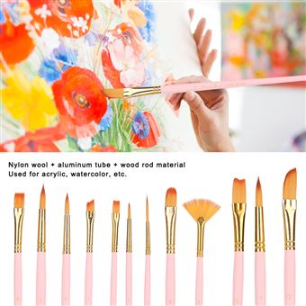 Set De 10 Pinceaux Pour Peinture Acrylique, Aquarelle, Huile, Gouache - Taille Variée, Manche Rose/vert