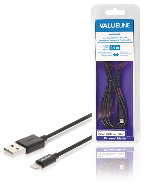 Valueline VLMB39300B20 Câble de données et de chargement Apple Lightning - Usb A mâle 2,00 m noir