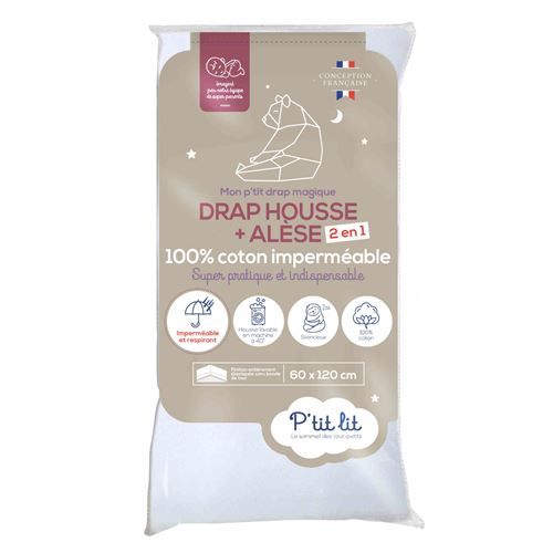Drap housse bébé alèse 2 en 1 coton imperméable blanc 60x120 cm
