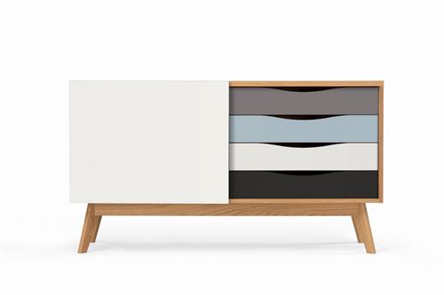 Paris Prix - Buffet 4 Tiroirs & 1 Porte avon 128cm Chêne & Bleu