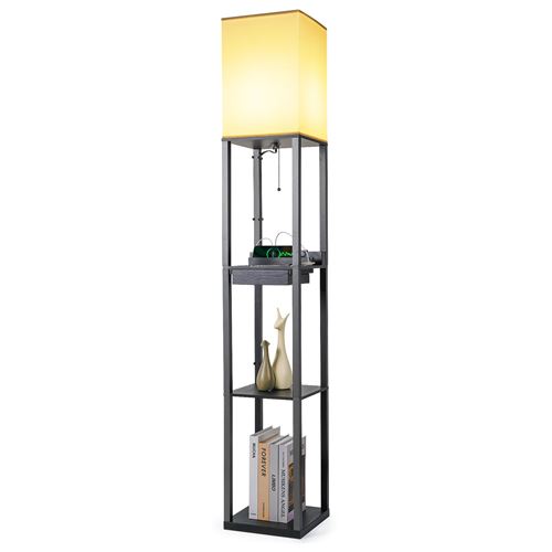 tomons Lampadaire en Bois, avec Port de 2 Chargement USB, avec 3 Tablettes de Rangement 1 Tiroir, 1,6M, Douille E27, pour chambre et salon
