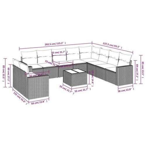 vidaXL 11-tlg. Garten-Sofagarnitur mit Kissen Grau Poly Rattan