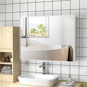 Armoire miroir LED de salle de bain - 2 portes, 2 étagères - tactile,  lumière réglable - MDF blanc laqué verre - Achat & prix