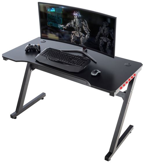 Table Gaming LED Lewiston avec Pieds en tubes d'acier avec cdare en forme Z, Noir