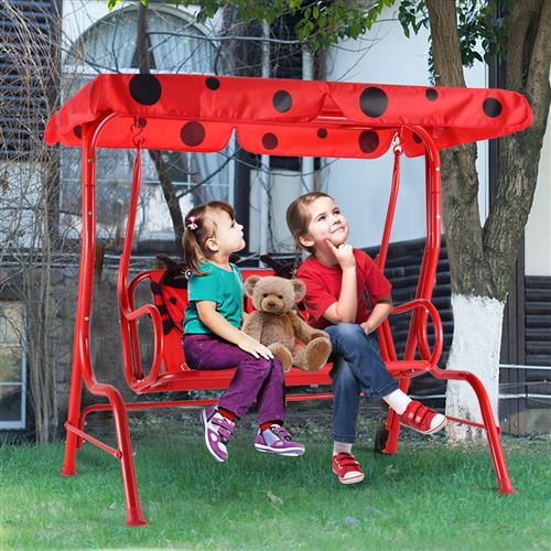 balancelle de jardin giantex rouge 117 x 78 x 116cm pour enfants avec 2 places toit tissu anti-UV pour jardin chaise motif de scarabée