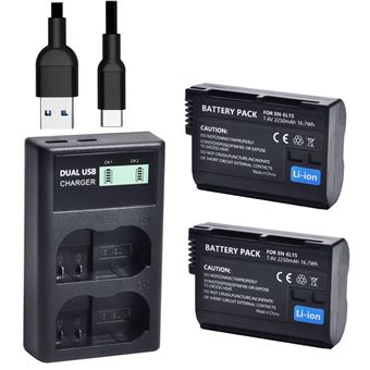 2pièces Qumox EN-EL15 /EL15a/EL15b/EL15c Batterie de Rechange et Chargeur Double pour Nikon Z6 Z7 Z8 D750 D850 D7000 D7100 D7200 D7500 D500 D600 D610 D780 D800 D800e D810 D810a Cameras - 1