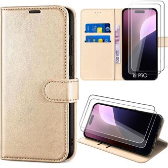 Coque + 2 Verres Trempés pour iPhone 16 Pro - Coque à Rabat Cuir PU Antichoc Doré - BOOLING - 1