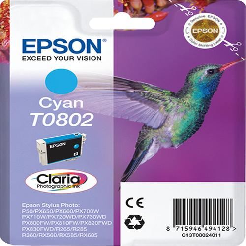 Epson T0802 - Cyan - original - cartouche d'encre - pour Stylus Photo P50, PX650, PX660, PX700, PX710, PX720, PX730, PX800, PX810, PX820, PX830