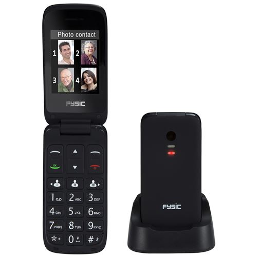 Téléphone portable à clapet facile pour seniors avec bouton d'urgence SOS Fysic FM-9760ZT Noir