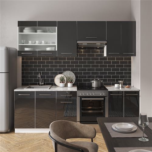 Cuisine équipée Fame-Line 240 Cm Vicco - Blanc Brillant/anthracite, Plan Marbre, Modules Modulaires Avec Soft-close | Cuisine Intégrée Design