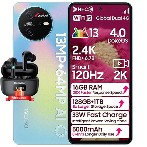 Smartphone Débloqué Oscal Tiger12 6,78 16Go+128Go 64MP 5000mAh Android 13 NFC Bleu avec Ecouteur Bluetooth Airbuds 8