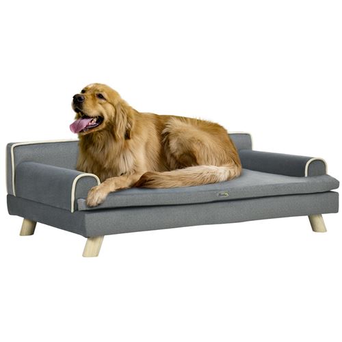 Canapé chien lit pour chien design scandinave coussin moelleux piètement bois dim. 100L x 62l x 32H cm polyester gris